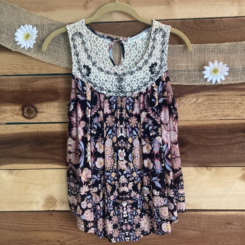 Love, Fire black floral embroidered pleated tank top, size S
